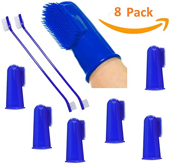 Mascota Pets Dog Toothbrush/Cat Toothbrush 6 Finger Toothbrushes and 2 Long Handle Dual Headed Toothbrushes, Soft Bristle Pet Toothbrush Combo Pack for The Dental Care of Your Cat and Dog