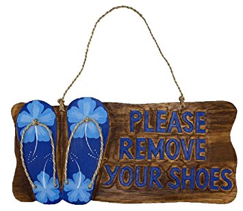 Please Remove Your Shoes Wood Sign with Blue Flip Flops and Tropical Flowers
