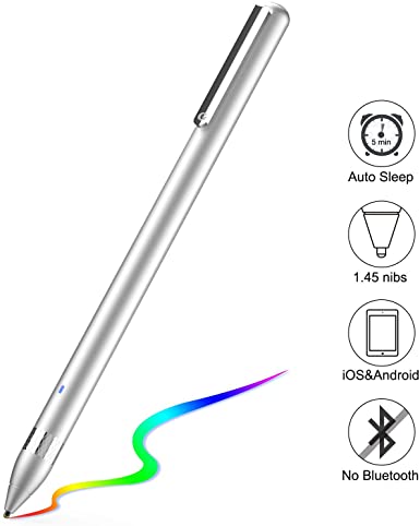 AWAVO Rechargeable stylus pen with 1.45 mm fine tip, the capacitive stylus is compatible with Apple iPad, iPhone and Samsung tablets Silver