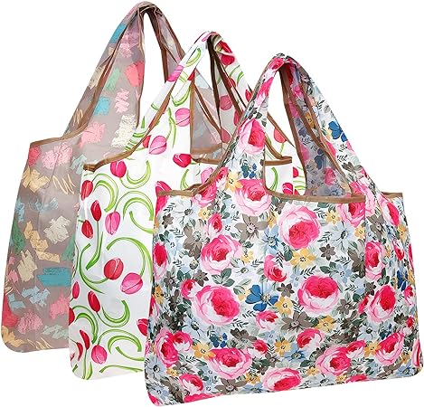 allydrew Large Foldable Tote Nylon Reusable Grocery Bags, 3 Pack, Floral Brights