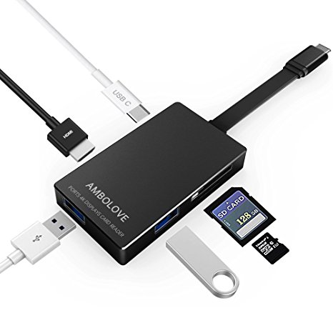 6 in 1 3.0 USB-C Hub with HDMI 4K output AMBOLOVE Type C Hubs for Mac/ Mac Air/Mac Pro, Card Reader Multi-Port Data Adapter with USB-C Charging Pass Through Port (black)