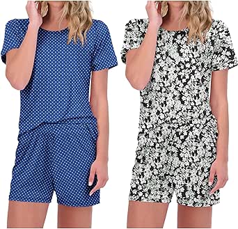 Ekouaer 2 Pack Pajama Sets Womens's Short Sleeve Tops with Shorts Comfy Pjs Casual Lounge Sets Sleepwear with Pockets