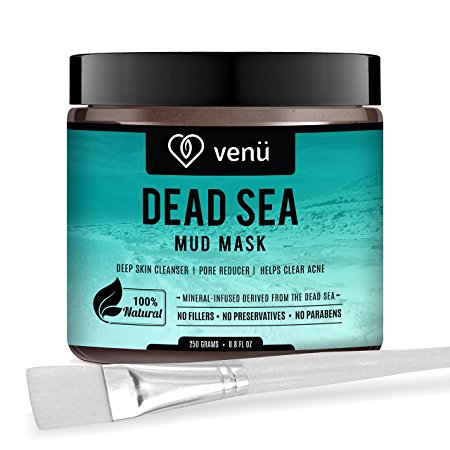 Organic Dead Sea Mud Mask - Face and Body Beauty Detox Treatment, Deep Skin Cleanser - Helps Reduce Pores, Acne, Stretch Marks, Cellulitis and Wrinkles - Brush Included - by Venu