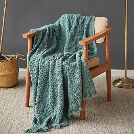 Simple&Opulence Cotton Throw Blanket Waffle Weave Cable Knit Woven with Tassels Solid Cozy Blanket Scarf Shawl Farmhouse Decoration (Dark Green)