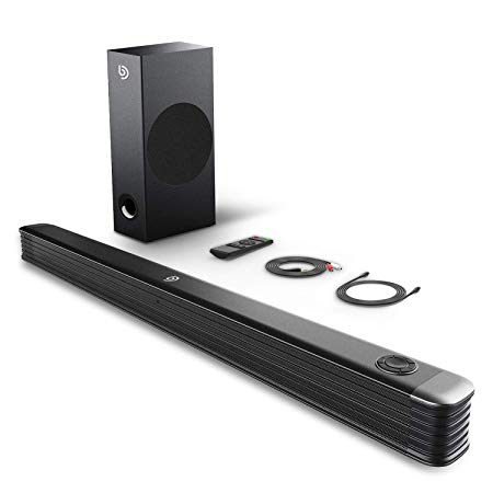 BOMAKER 2.1 Channel Soundbar with Wireless Subwoofer, 150W Soundbar for TV, 110dB Surround Sound System, Wall Mountable, Optical Input, RCA Cable