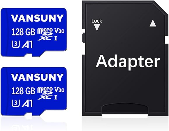 Vansuny 128GB 2Pack Micro SD Card microSDXC Memory Card with SD Adapter A1 App Performance V30 4K Video Recording C10 U3 Micro SD for Phone, Security Camera, Dash Cam, Action Camera Blue