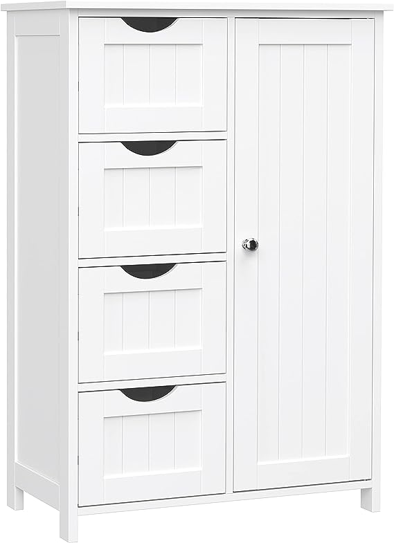 VASAGLE Bathroom Floor Storage Cabinet, Wooden Storage Unit with 4 Drawers, Single Door, Adjustable Shelf, for Living Room, Kitchen, Entryway, White LHC41W