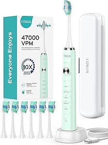 COSLUS Electric Toothbrush for Adults and Kids: Wireless Rechargeable Tooth Brush with Portable Travel Case, 5 Modes 47000 VPM Power Toothbrushes 6 Brush Heads 1 Charge for 70 Days Green