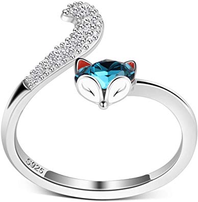 PLATO H S925 Sterling Silver Fox Animal Finger Ring Tail High Polish Plain with Crystals from Swarovski for Women Girl Dainty Jewelry Gift Anniversary Wife Birthday