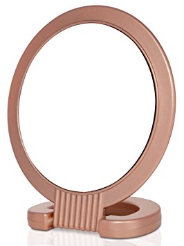 Double Sided Pedestal Mirror Stand - Vanity Round Mirror with 1x and 5x Magnification - Adjustable Handle and Portable Free-Standing Mirror for Travel, Shaving, Bathrrom, Tabletop, Makeup (Rose Gold)