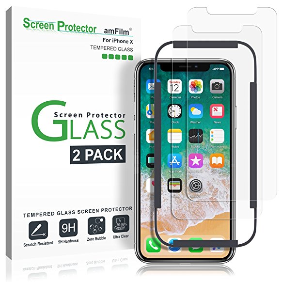 iPhone X Screen Protector Glass (2-Pack), amFilm iPhone X Tempered Glass Screen Protector with Easy Installation Tray for Apple iPhone X 2017 (2-Pack)