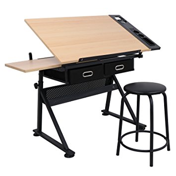 ZENY Drafting Desk Drawing Table Desk Tiltable Tabletop Adjustable Height w/Stool and Drawer for Reading, Writing Art Craft Work Station