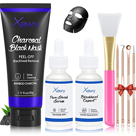 Blackhead Remover Mask,Xawy Black Mask 5in-1 Charcoal Peel off Face Mask with Blackhead Export,Pore Shrink Serum,Brush&Blackhead Extractor Tool Set,Deep Cleansing,Pore Refining