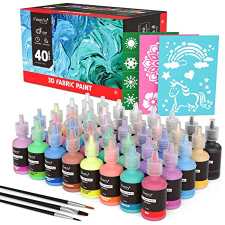 Puffy Paints, Magicfly 40 Colors 3D Fabric Paint with 3 Brushes & Stencils, Permanent Textile Paint with Fluorescent, Glow in The Dark, Glitter, Metallic Colors for Clothing,T-Shirts, Glass and Wood