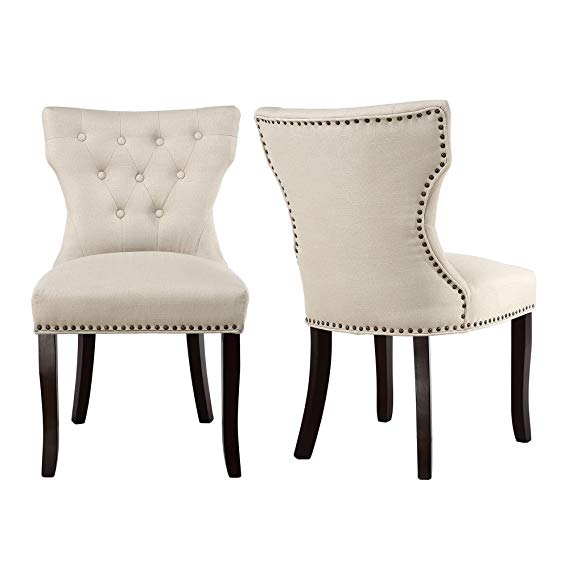 LSSBOUGHT Set of 2 Fabric Dining Chairs Leisure Padded Chairs with Brown Solid Wooden Legs,Nailed Trim (Beige)