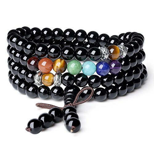 AmorWing 6mm Multilayer Onyx 7 Chakra 108 Mala Beads Prayer Stones Bracelet Necklace