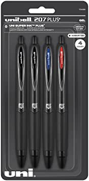 uni-ball 207 Plus  Retractable Gel Pens 4 Pack in Assorted Colors with 0.7mm Medium Point Pen Tips - Uni-Super Ink  is Smooth, Vibrant, and Protects Against Water, Fading, and Fraud