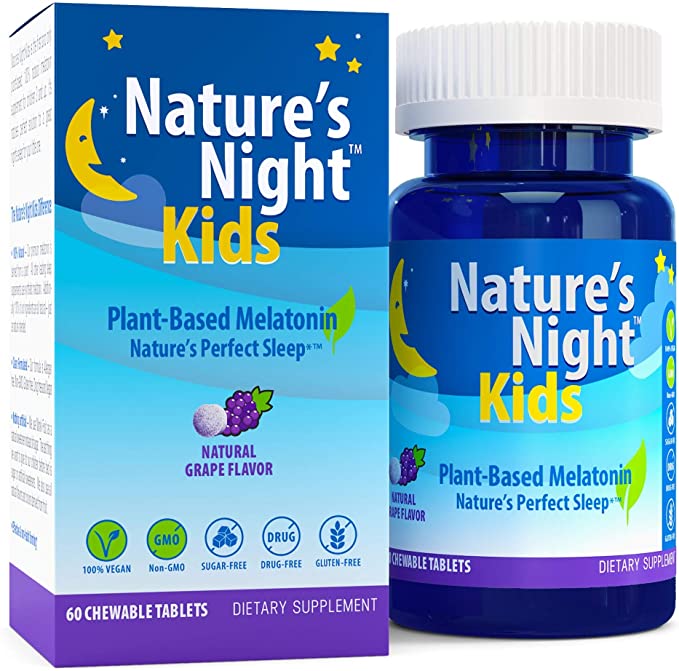 Nature's Night Kids Plant-Based Melatonin, Natural Grape Flavored, 60 Chewable Tablets, Gluten Free, Non-GMO, Drug Free, Vegan, 100% Natural