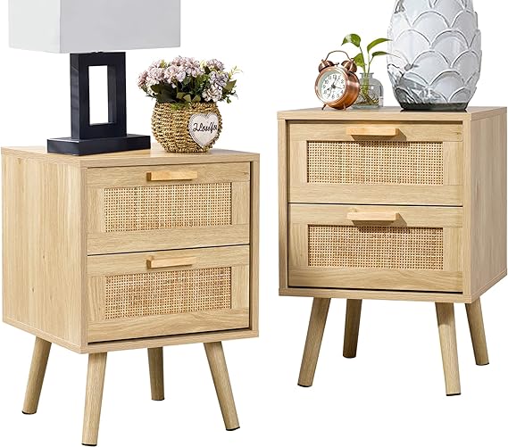 Finnhomy Bedside Table, Side Table with 2 Hand Made Rattan Decorated Drawers, Bedside Tables Set of 2, Wood Nigntstand, End Table with Storage for Bedroom, Natural, 2 Pack