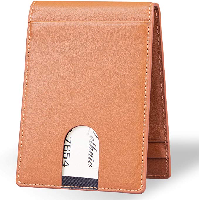 Lethnic Slim Money Clip Wallet, Bifold Leather Business Card Holder With ID Window