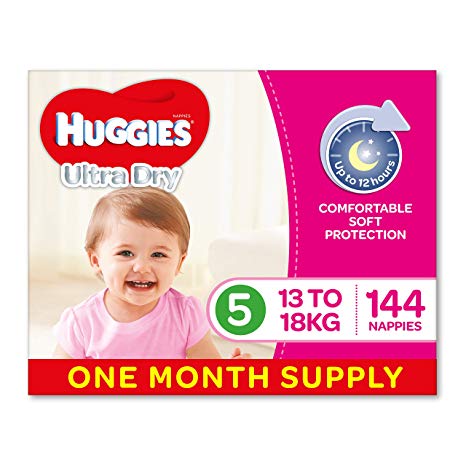 Huggies Ultra Dry Nappies, Girls, Size 5 Walker (13-18kg), 144 Count, One-Month Supply, Packaging May Vary