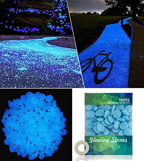 100 PCS Decorative Glow in the Dark Luminous Stone Pebbles Cobblestone Gravel with Magic Gluedots, DIY Decor for Garden Walkways Drive Way Path Fish Tank Vases Plants Outdoor Bulk (Blue)