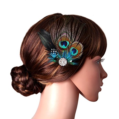 BABEYOND Peacock Feather Hair Clip & Flower Pin with Rhinestones