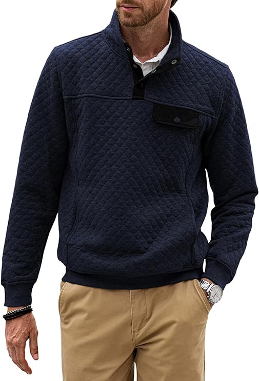 JMIERR Men's Quilted Sweatshirt Casual Long Sleeve Outdoor Stand Collar Button Pullover Sweatshirts