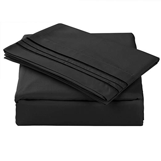 Balichun Luxurious Bed Sheet Set Hypoallergenic Microfiber 1800 Bedding Super Soft 4Piece Sheets with 14 Deep Pocket Fitted Sheet Twin Full Queen King Cal King Size King, Black