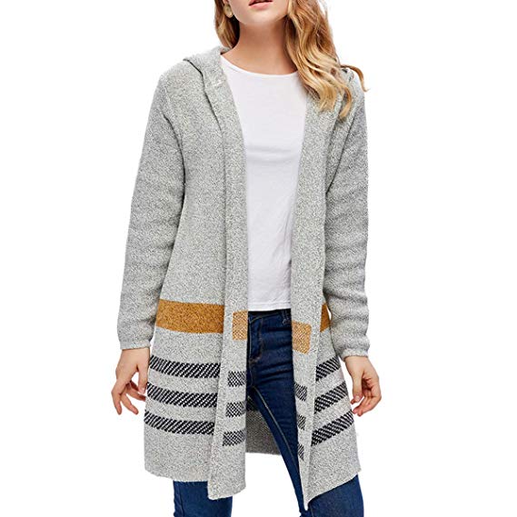 Giftu Ladies' Longs Casaul Open Front Striped Hooded Cardigan Sweater Coat