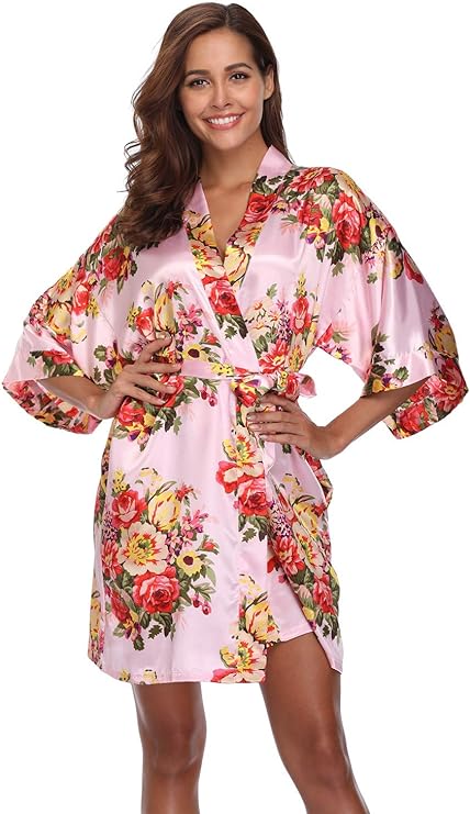 Super Shopping-zone Women's Floral Satin Kimono Robes Short Bridesmaid Robes for Wedding Party