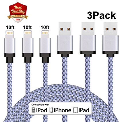 iPhone Charger Sundix Lightning to USB Cable 3Pack 10FT Nylon Braided Charging Cable Cord for iPhone X / 8 / 8 Plus / 7 / 7 Plus / 6 / 6s Plus / SE / 5s, iPad, iPod and More (White)