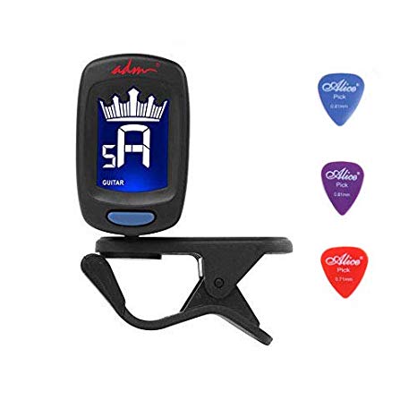 Guitar Tuner Clip-on Tuner for Guitar, Ukulele, Bass, Violin, Chromatic Tuning, Colorful LCD Display, 3 PCS Guitar Picks Included, Battery Included, Auto Power Off