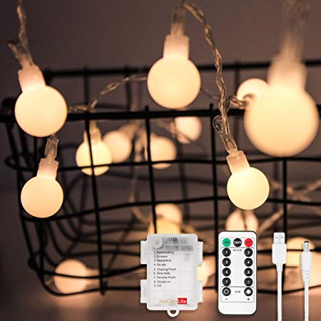 myCozyLite LED Globe String Lights, Battery and USB Operated, 50 LED, Decorative Warm White String Lights for Wedding Party, Holiday, Patio, Garden, Room, Remote Control