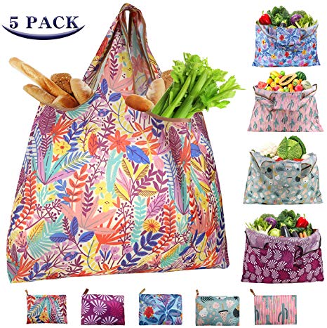 Reusable Grocery Bags Shopping Bags Foldable Washable 55LBS XX-Large Heavy Duty Cloth Shopping Bags Eco-Friendly Ripstop Waterproof Fits in Pocket, 5-Pack Cute Cactus Flower Printing