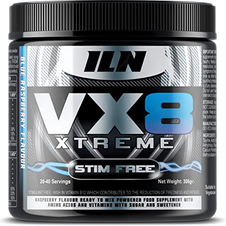 VX8 Xtreme - Hardcore Pump Enhancer & Stim Free Pre Workout - Blue Razz Flavour - Non Stimulant Pre-Workout with Creatine, Taurine and Betaine - 306g (Up to 40 Servings)