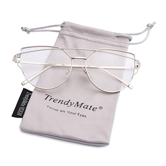TrendyMate-Womens Street Fashion Metal Twin Beam Flat Mirror Lens Cat Eye Sunglasses … (Silver/Transparent, 57mm)