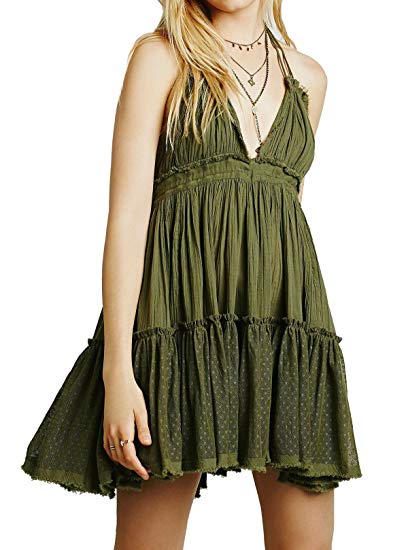 R.Vivimos Womens Summer Halter Deep V Neck Sexy Patchwork Mini Short Dresses