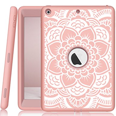 iPad 5 Case A1822/A1823 Hocase High-Impact Shock Absorbent Rubber Hard PC Bumper Dual Layer Protective Case with Mandala Flower Design and Kickstand for iPad 5th Generation 2017 - Rose Gold