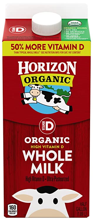Horizon Organic, Whole Milk, Ultra Pasteurized, Half Gallon 64 oz, Organic Whole Milk, 50% More Vitamin D than Typical Whole Milk