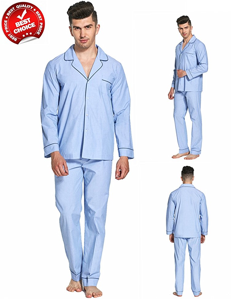 Everconform Men's Pjs Set Long Sleeves Sleepwear Pajamas Loungewear with Drawstring 100% 60S Cotton Blue
