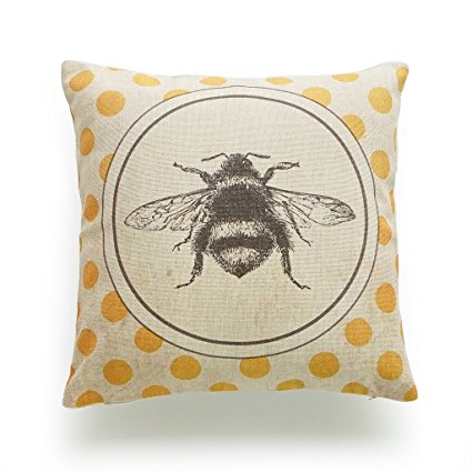 Hofdeco Decorative Throw Pillow Case Vintage French Country Bee On Yellow Dots Indoor Outdoor HEAVY WEIGHT FABRIC Cushion Cover 18x18 Inches