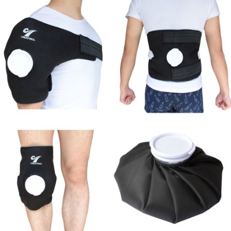 Creatrill Reusable Hot Cold Therapy Ice bag Pack (9") & Neoprene Core Wrap with Elastic Velcro Strap, Portable Moist Heating Brace First aid Ice Compression Sleeves Pain Relief Pad