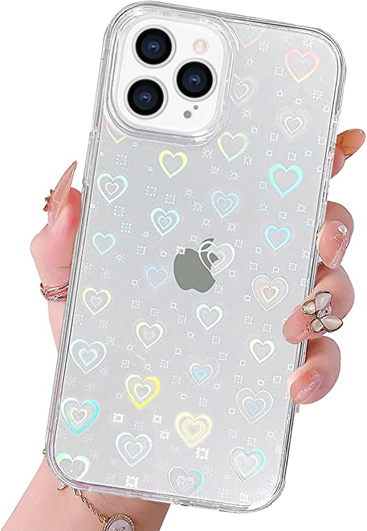 LSL for iPhone 13 Pro Love Heart Case Cute Clear Glitter Heart Laser Pattern Design for Women Girly Soft Silicone Flexible TPU Shockproof Protection Cover Case for iPhone 13 Pro 6.1 Inch 2021