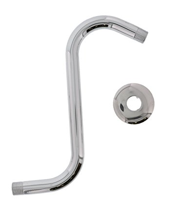 Universal Brass High Rise S Shaped Shower Arm Extension in Chrome Finish with Flange, 1/2" IPS Male Thread, Raises Shower Head by 8 Inches