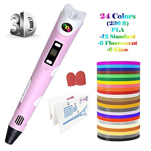 3D Printing Pen, Low Temperature with LED Display for Kids and Adults, Doodler Model Making, Art Crafts Tool, Compatible with PLA and ABS   Bonus 24 Color 236 Feet Filament Refills (Pink)