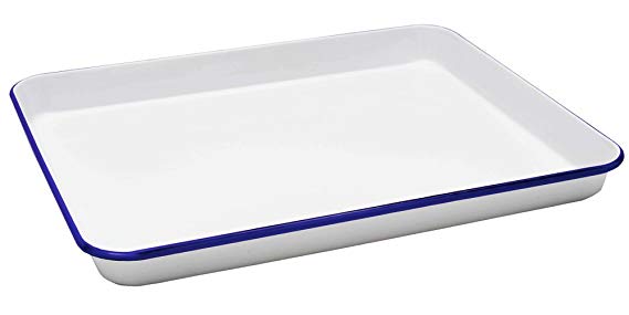 Enamelware Jelly Roll Tray - Solid White with Blue Rim