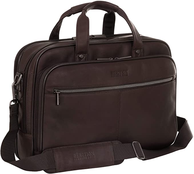Kenneth Cole Reaction Resolute Men's Briefcase Full-Grain Colombian Leather 16" Laptop Portfolio Messenger Bag, Brown, One Size