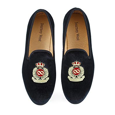 Journey West Mens Vintage Velvet Embroidery Noble Loafer Shoes Slip-on Loafer Smoking Slipper BlackRedBlue
