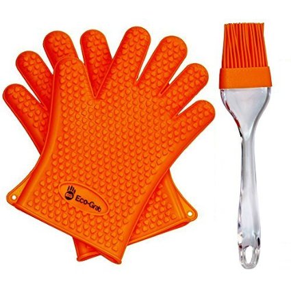 NEWEST 2016 EDITION Heat Resistant Silicon Gloves For Barbecue & Oven Use, Made For Grilling, Cooking & Baking   Bonus Silicone Brush By Eco Grab - 1 size fit all